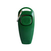 A green 2-in-1 dog training clicker and whistle attached to a metal key ring.