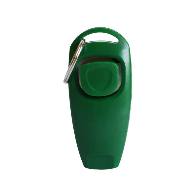 A green 2-in-1 dog training clicker and whistle attached to a metal key ring.