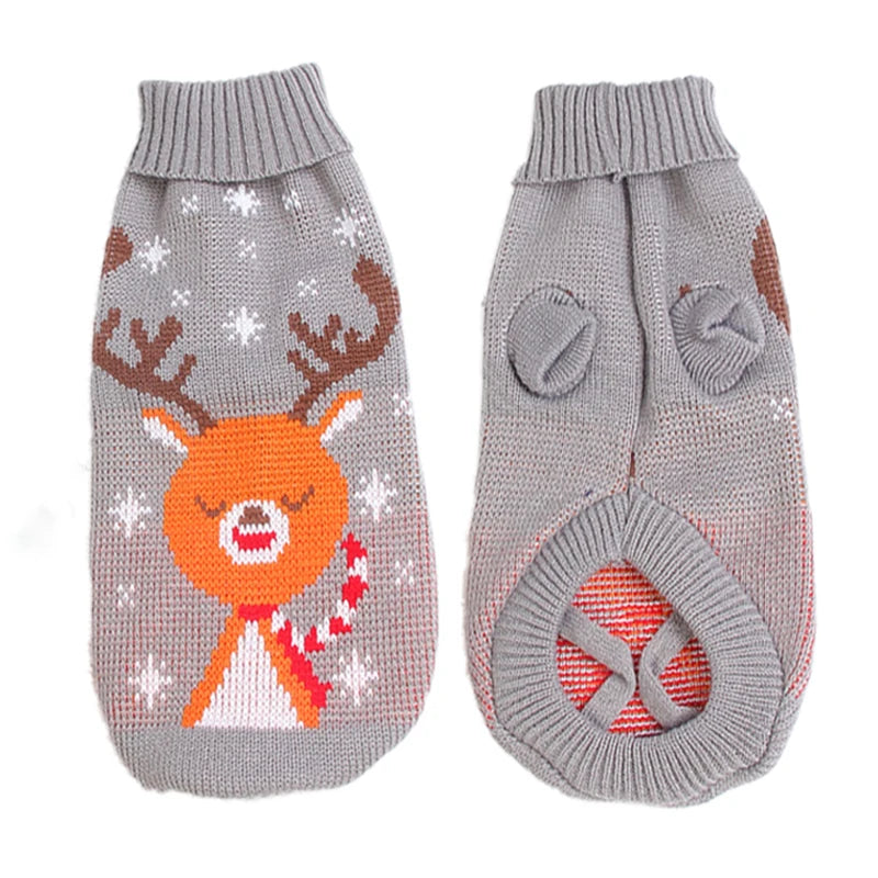 Suéter de lana gris para mascotas con diseño de reno y detalles rojos.