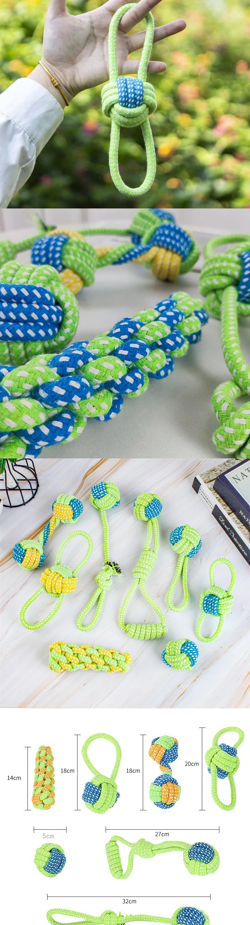 Various green and blue cotton rope dog toys and knots for interactive play