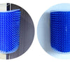 A close-up view of a blue corner cat grooming brush with massage comb.