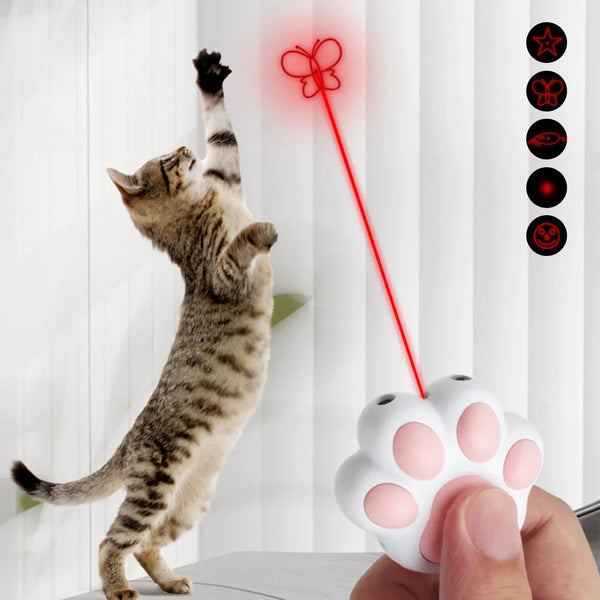 A tabby cat is batting at a white paw toy, demonstrating the laser light play pattern.
