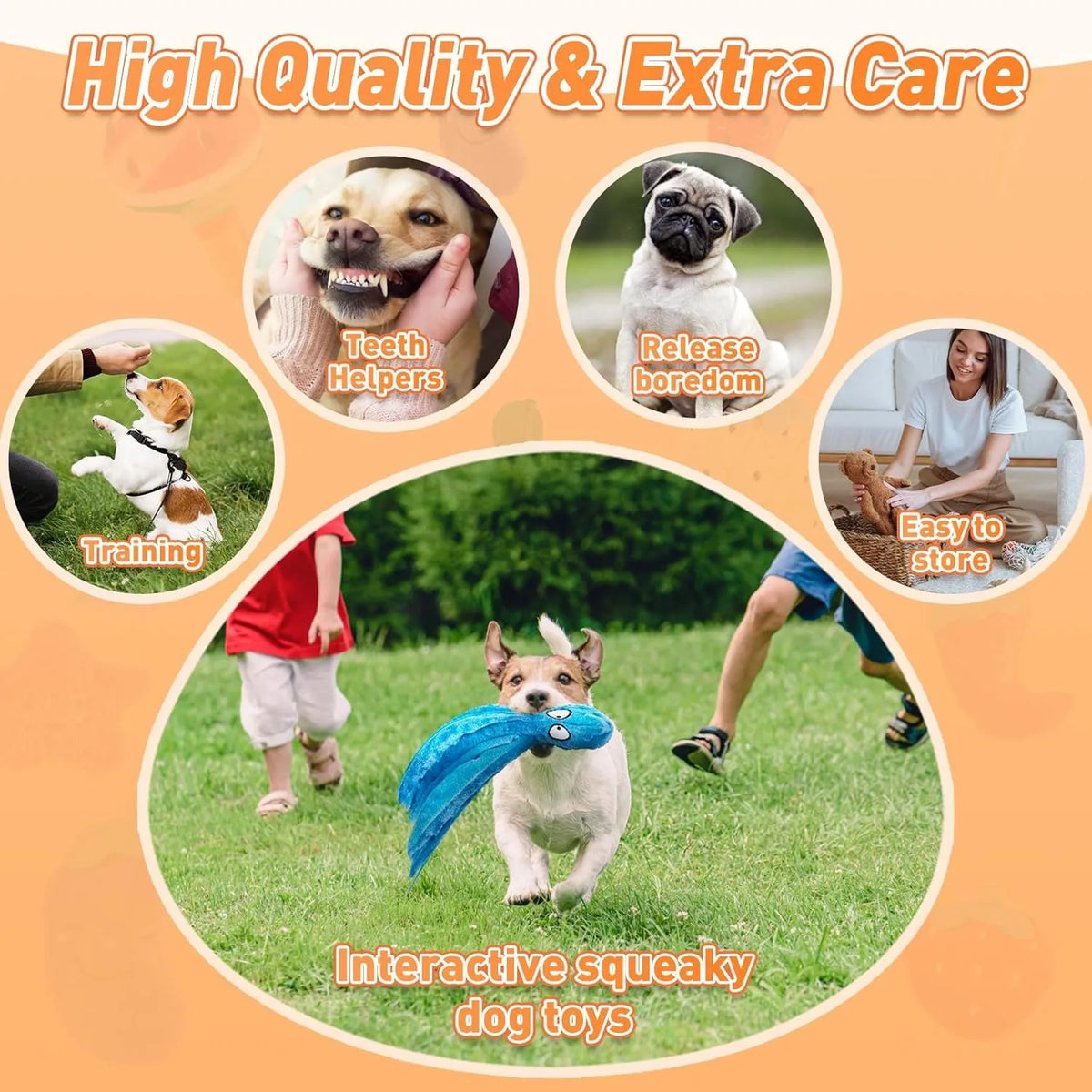 A collection of interactive squeaky dog toys including teeth helpers, boredom toys, and plush fruit and animal shapes for dog
