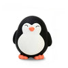 A cute penguin dog toy with black and white coloring and orange feet.