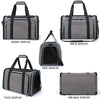 Various views of a gray expandable pet carrier backpack showing front, back, side, and oblique displays.