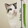 A green crinkle cat toy hanging vertically next to a cat, showing its size relative to the cat's face.