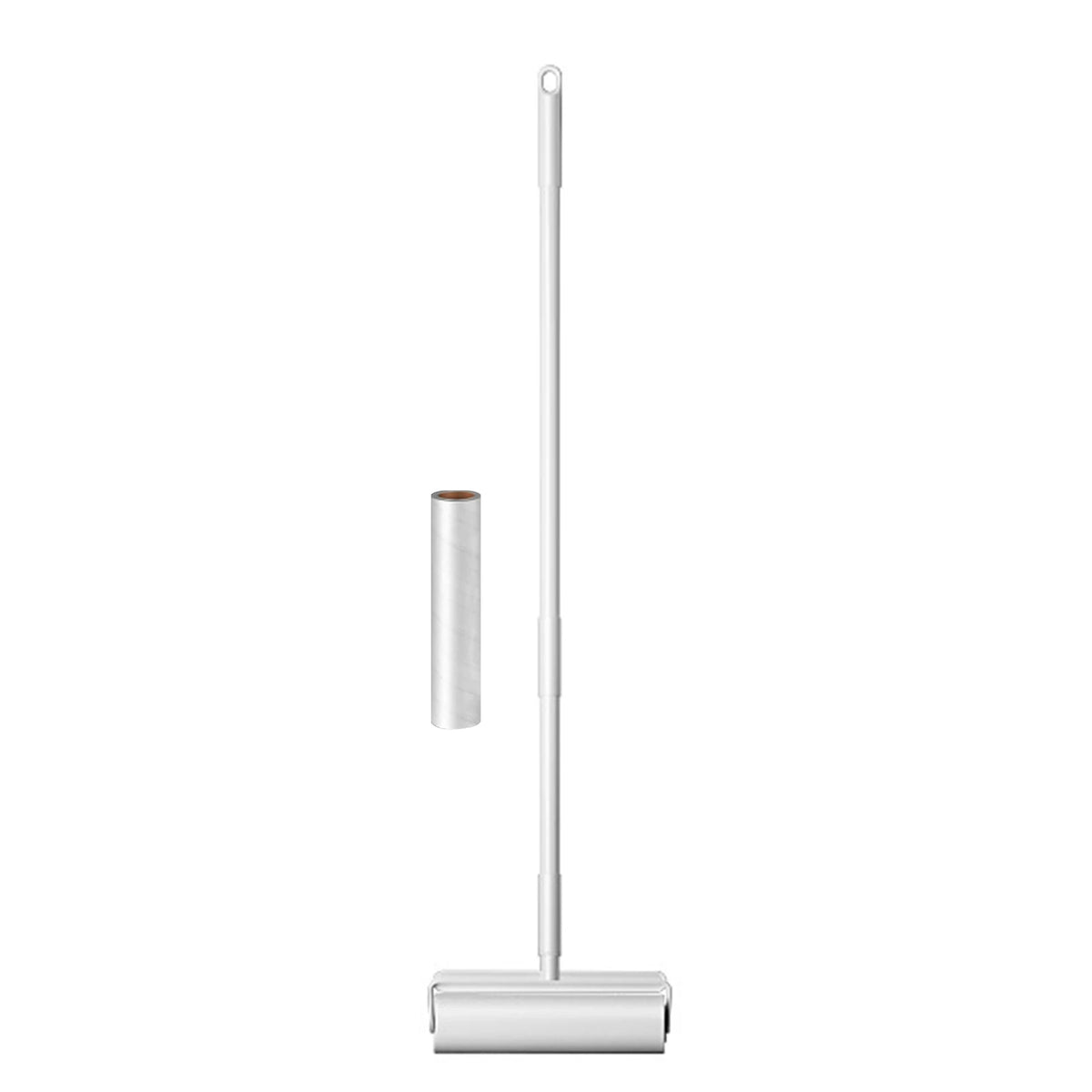 A silver lint roller with a long extendable handle and a cylindrical roll.