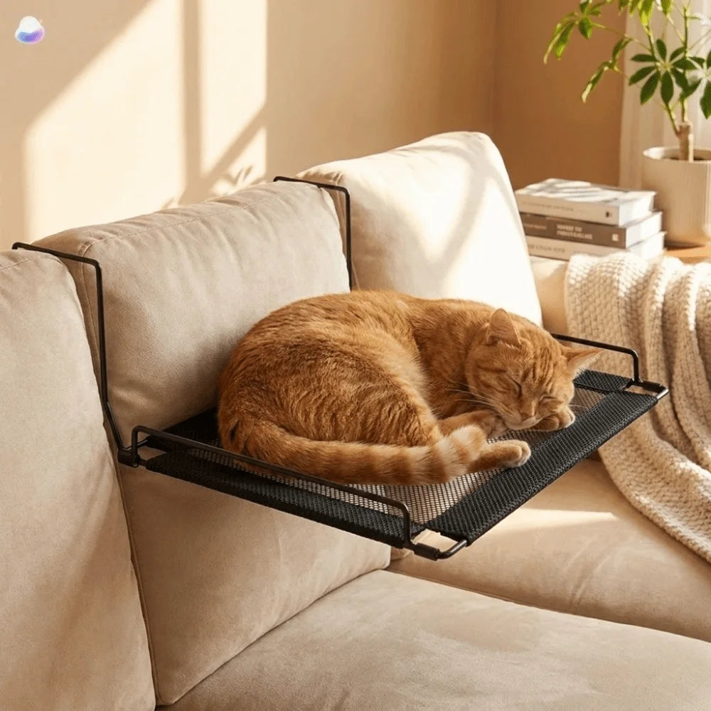 A fluffy orange cat is relaxing in a black breathable mesh hammock mounted on a light-colored sofa.