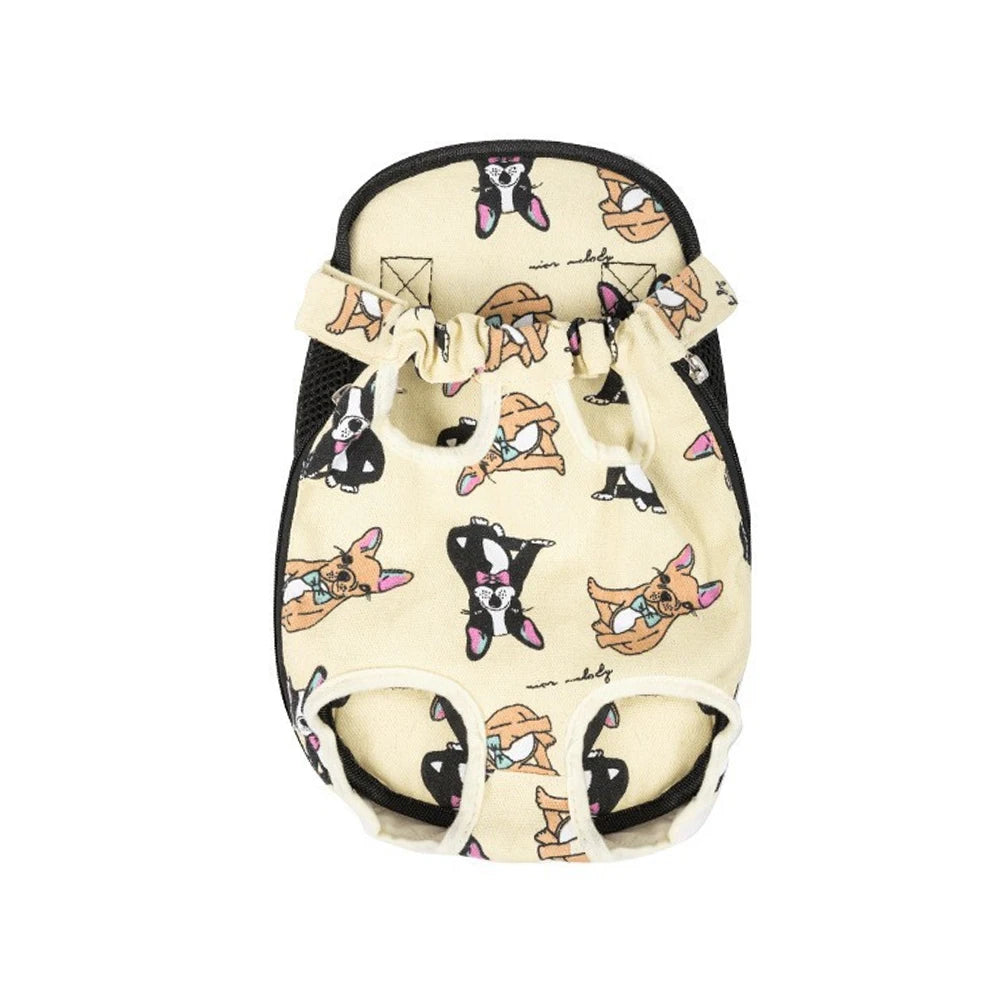 A beige dog carrier backpack with a black and white camouflage pattern featuring cartoon dogs.