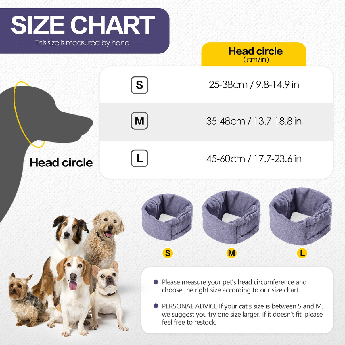 Size chart showing measurements for small, medium, and large dog head circles.
