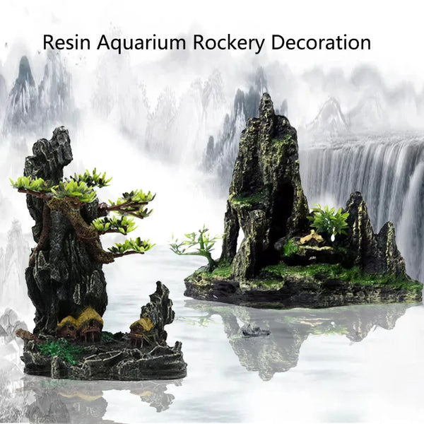 Resin aquarium rockery decoration featuring mossy rocks, a waterfall, and small trees.