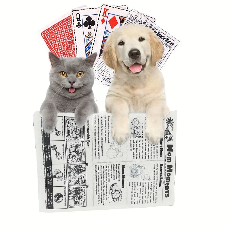 A gray cat and a golden dog are featured on a newspaper design with playing cards.
