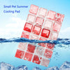 A square pink cooling pad for small pets is shown partially submerged under water with ice rocks below.