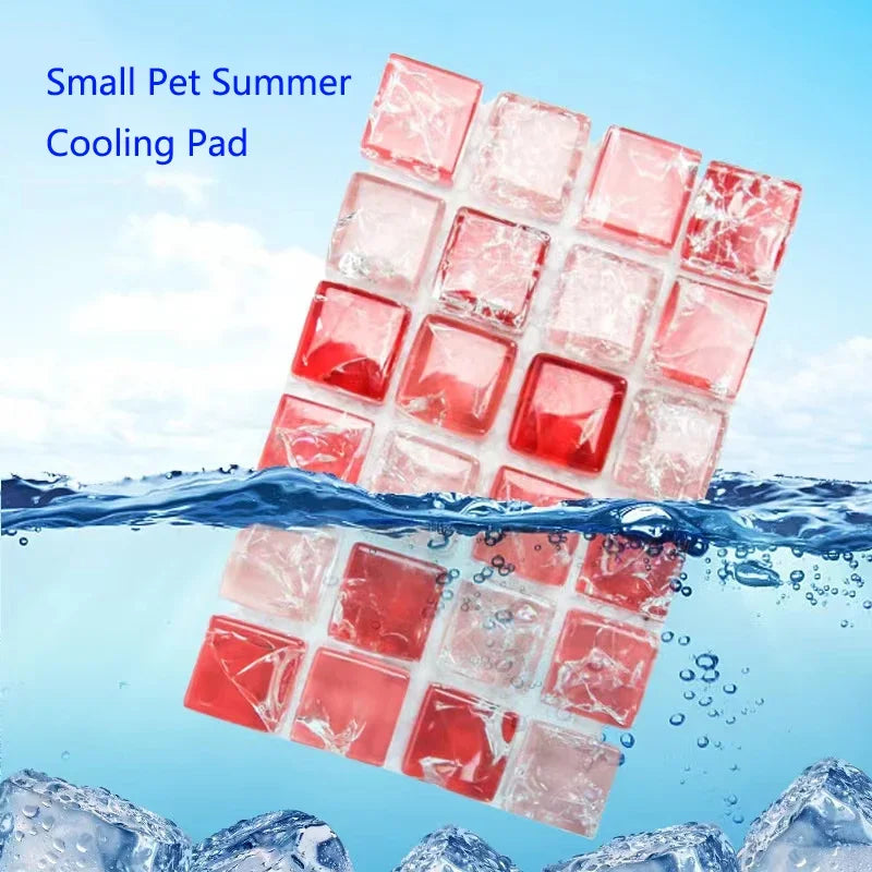 A square pink cooling pad for small pets is shown partially submerged under water with ice rocks below.