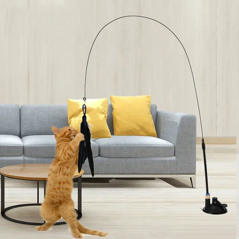 Suction Cup Cat Teaser Wand with Feather Toy and Bell
