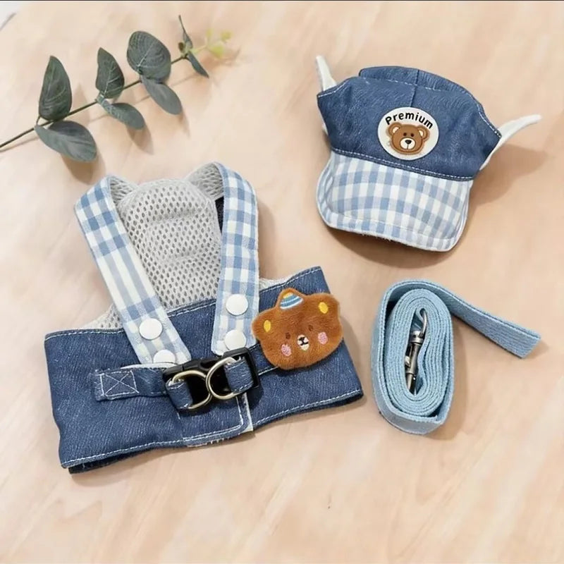 Denim Dog Harness and Leash Set with Matching Hat