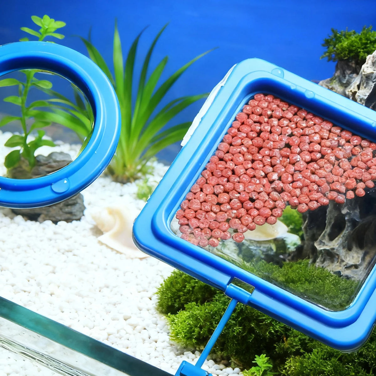 Comedero para peces de plástico azul con forma, conteniendo cuentas rosas y plantas acuáticas verdes.