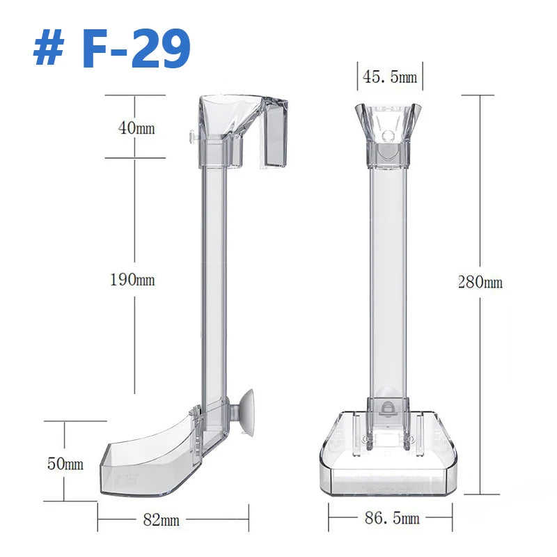 A transparent aquarium fish feeding tube with various sizes and components shown in a diagram.