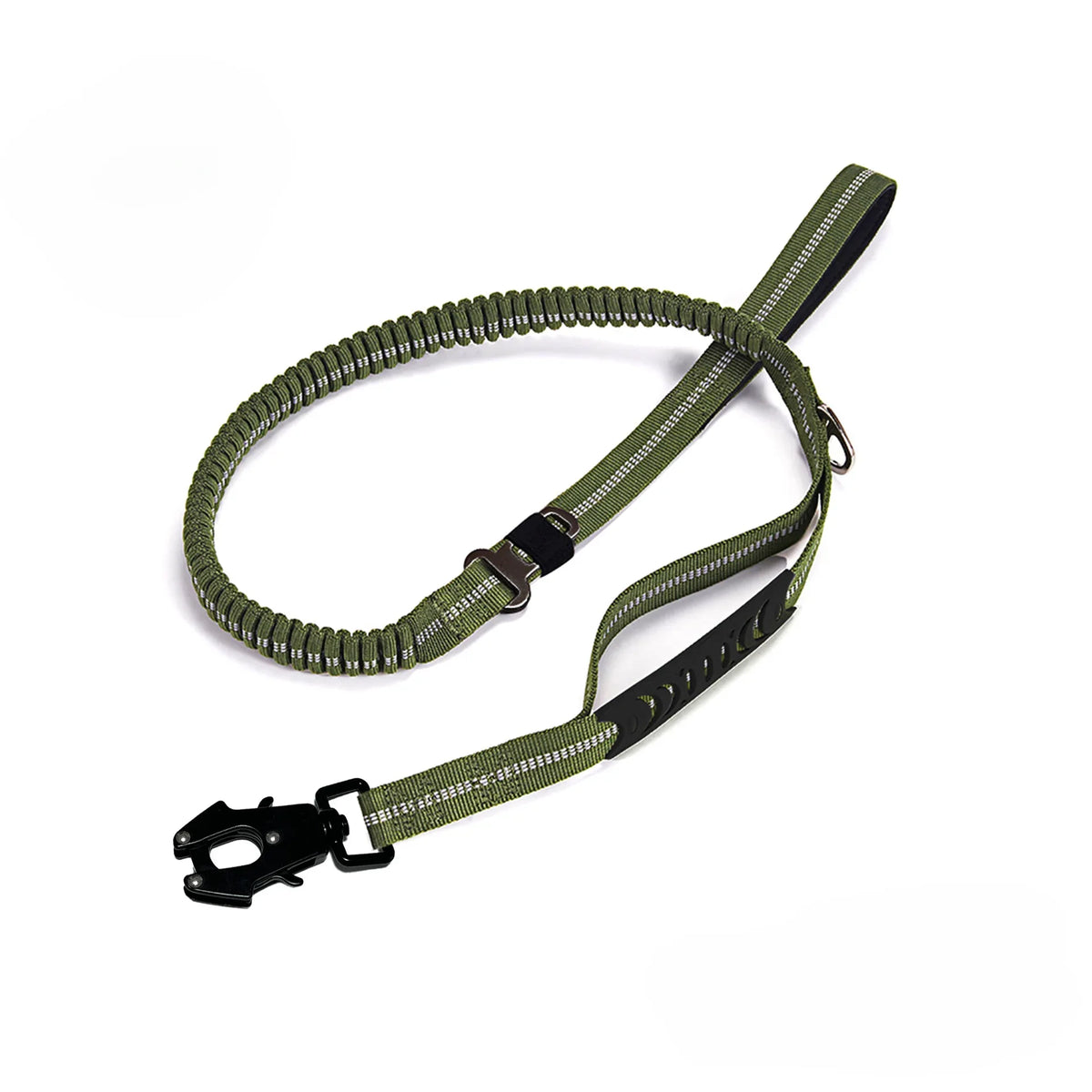 A heavy duty reflective dog leash with padded handles and traffic control features in olive green.