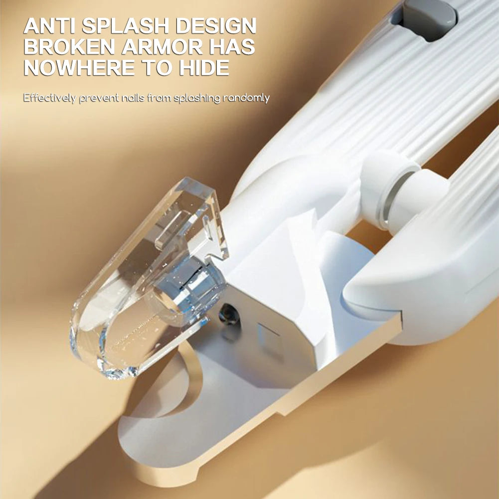 Close-up of a white pet nail clipper with a clear safety guard and LED light feature.