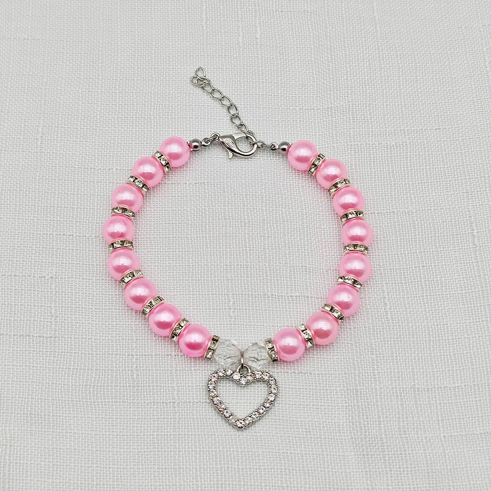Pearl Pet Necklace with Heart-Shaped Rhinestone Pendant