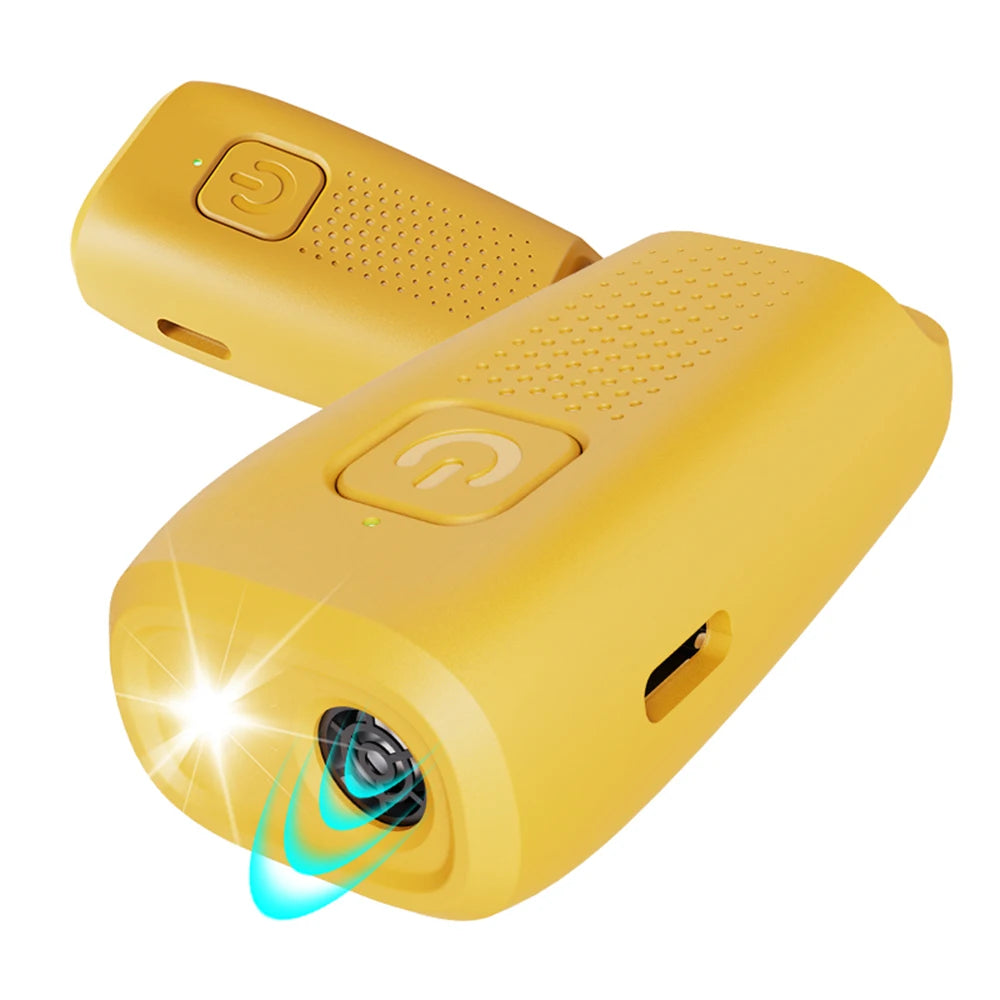A yellow ultrasonic dog bark stopper device with a lens and LED light is shown from above.