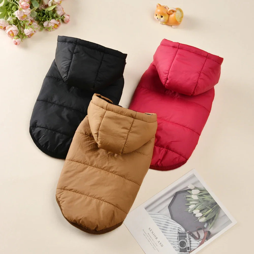 Collection de sweats à capuche pour chiens en polaire noirs, roses et beige avec un petit jouet en peluche.