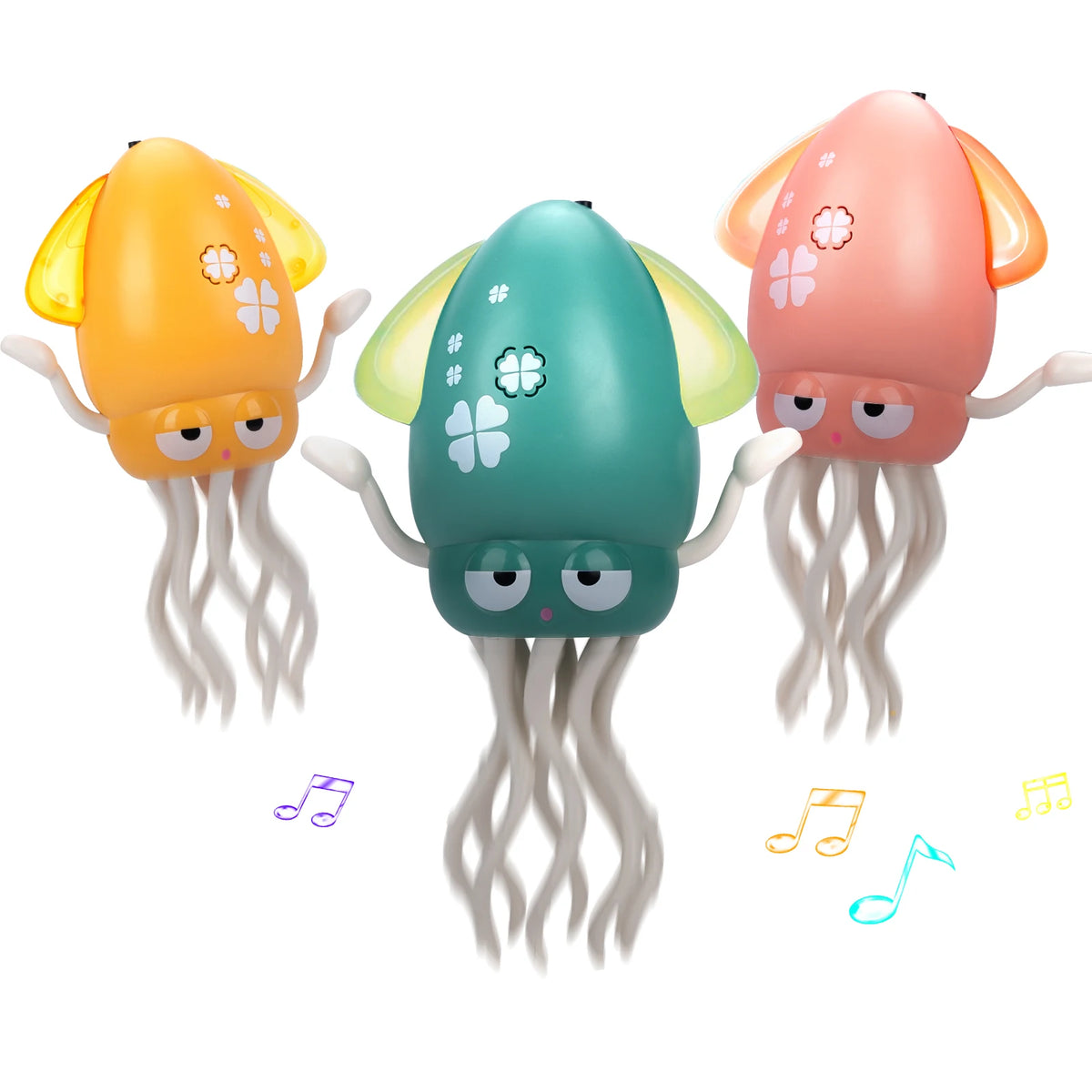 Three electronic dancing squid toys in orange, teal, and pink with tentacles and musical notes.