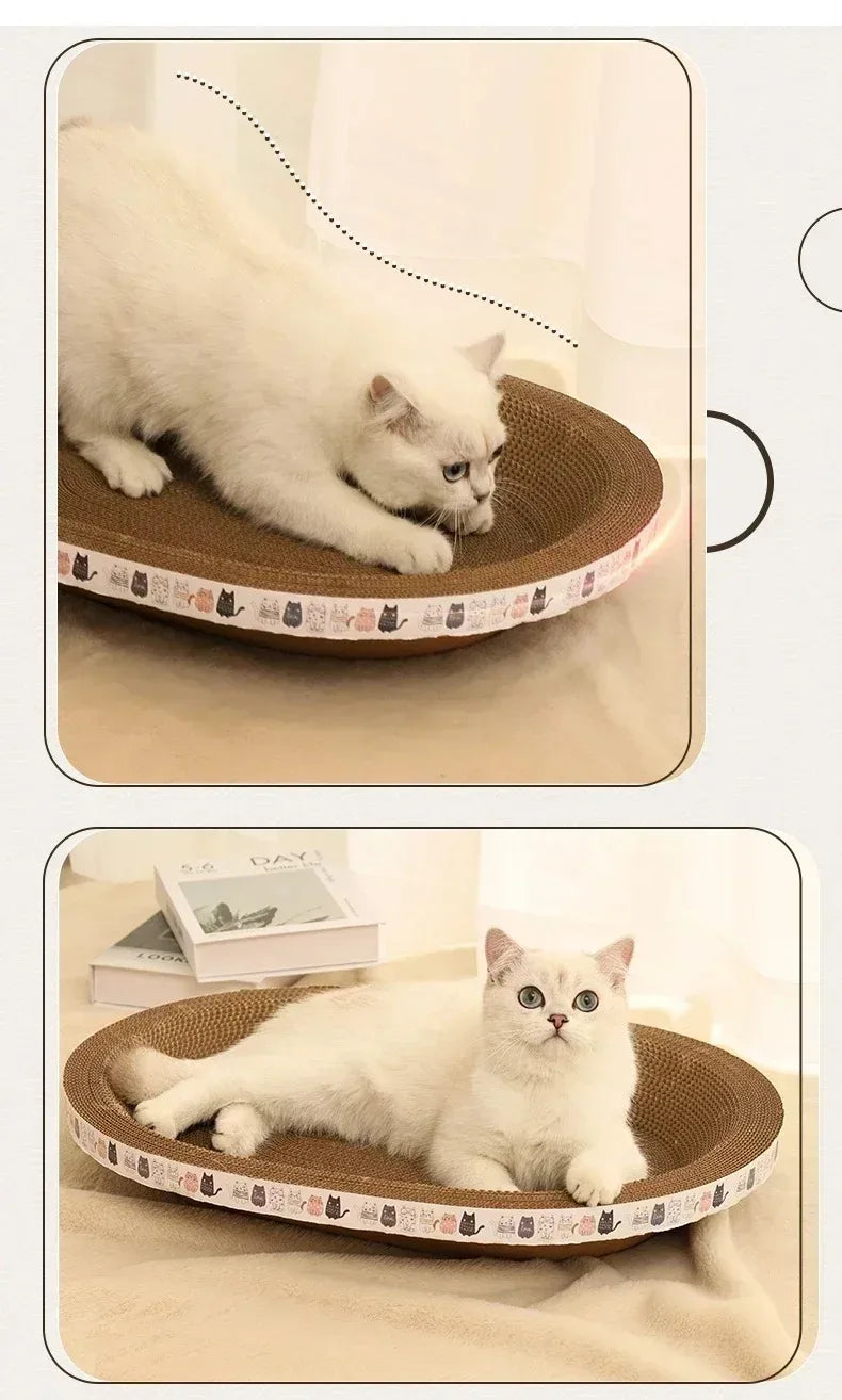 A white cat is relaxing on a round, brown corrugated pad designed as a cat scratcher.