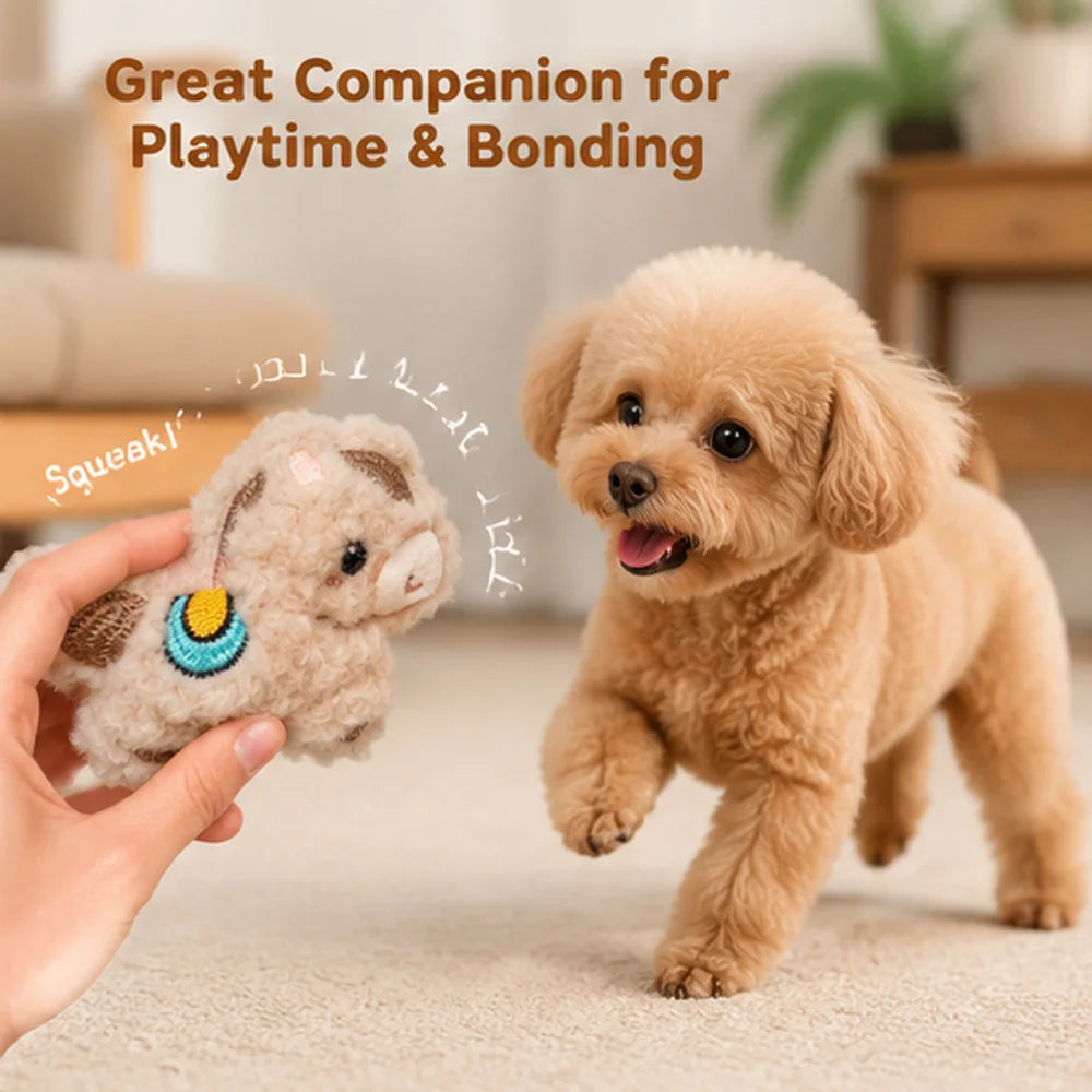 A small, light brown poodle puppy is standing next to a hand holding a fluffy, squeaky plush toy.
