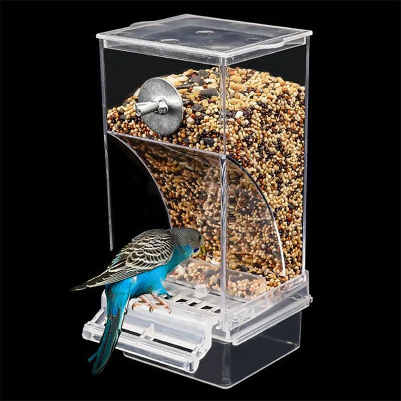 Acryl-Vogelfutterspender mit Saat- und Wasserbehälter, zeigt einen blauen Vogel.