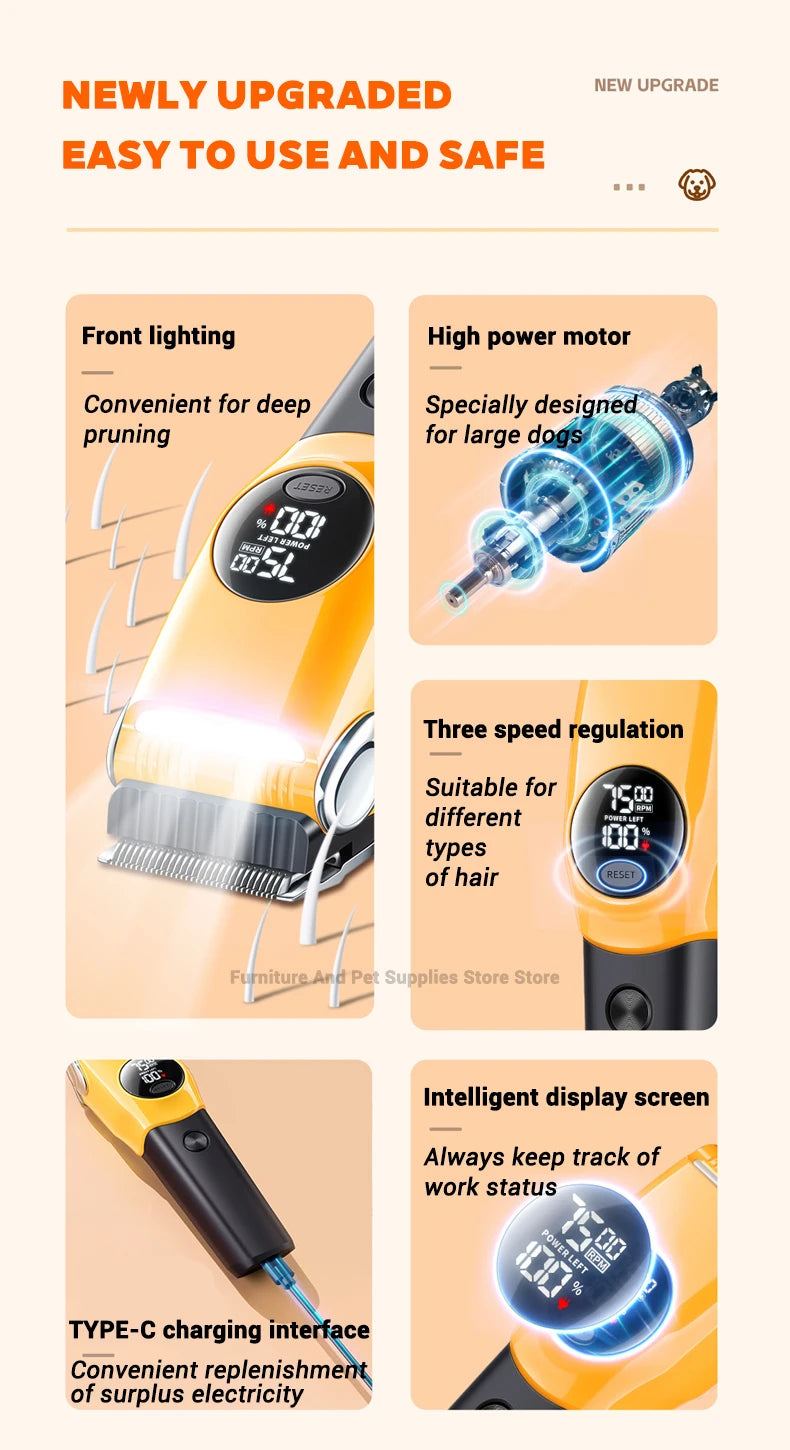 Professional Cordless Pet Grooming Clipper with LED Light and 6 Guide Combs