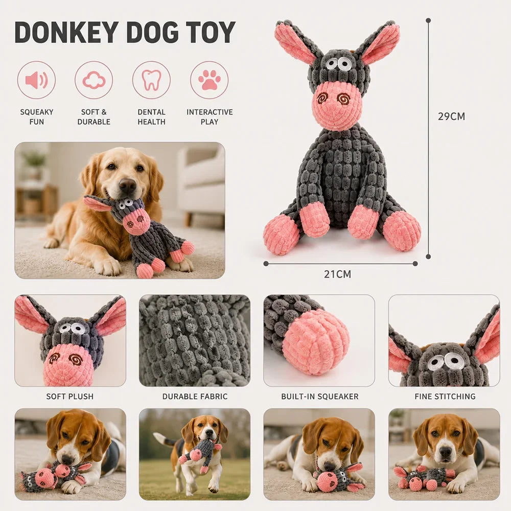 A plush donkey dog toy with pink ears and gray body, shown alongside a golden retriever using the toy.