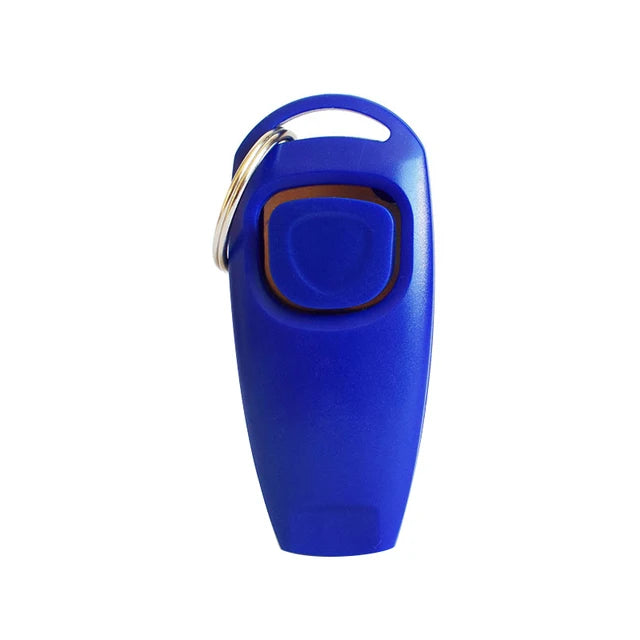 A blue 2-in-1 dog training clicker and whistle attached to a key ring.
