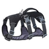 Black padded dog harness with a control handle and gray straps