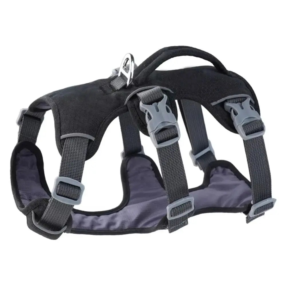 Black padded dog harness with a control handle and gray straps