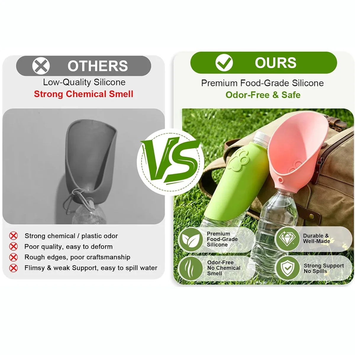 Comparison image showing a low-quality silicone bottle versus a premium food-grade silicone dog water bottle.
