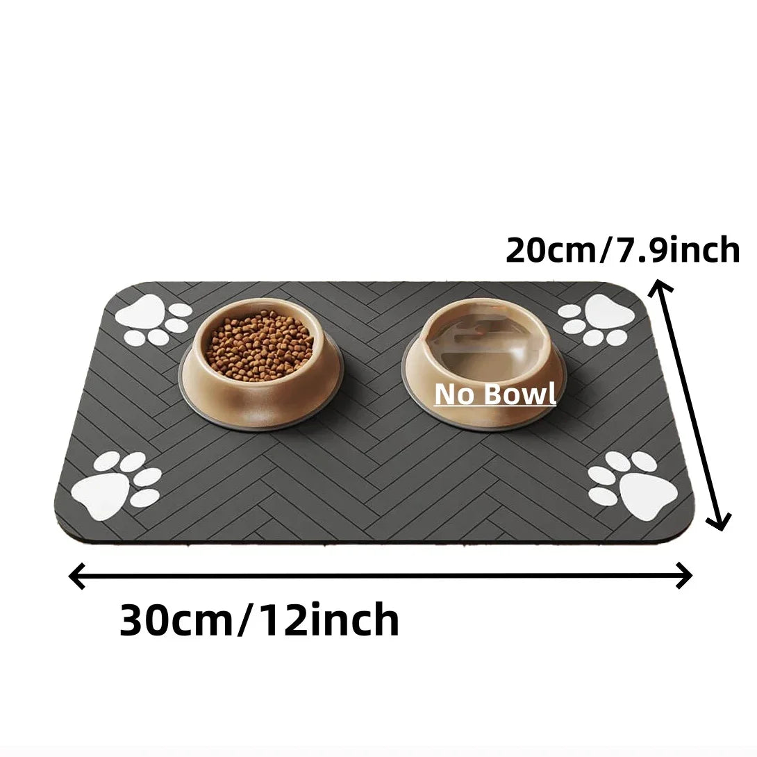 A gray pet feeding mat with paw print designs, featuring a wooden bowl for pet food.