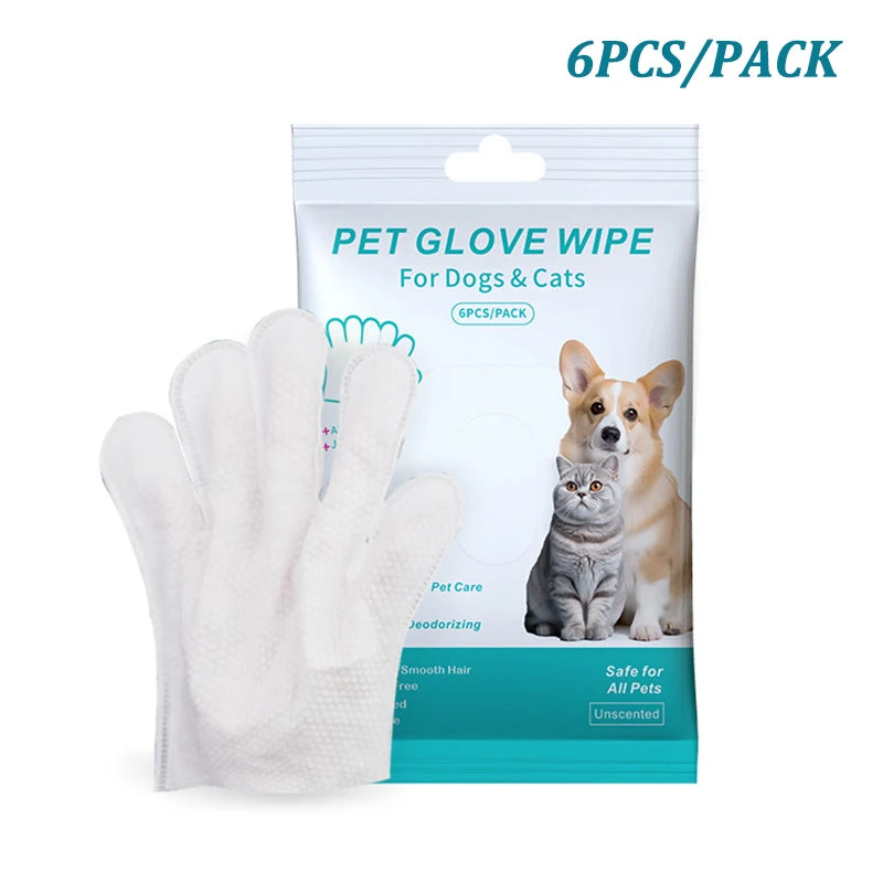 A package of six pet glove wipes for dogs and cats, showing a white glove and two animals.