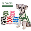 A small dog wearing a green and white striped polo shirt, with various color options displayed nearby.