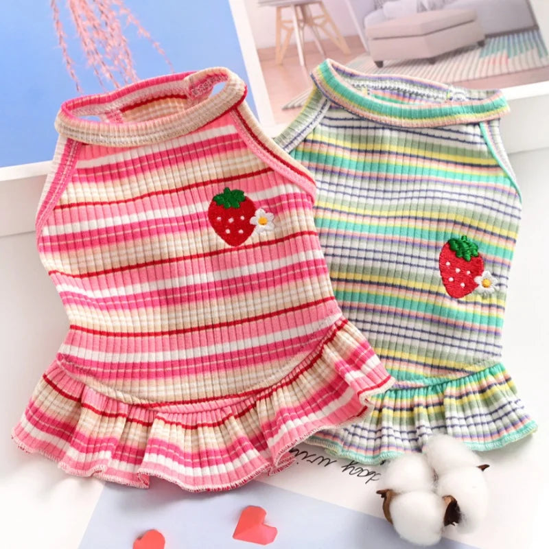 Summer Suspender Dog Dress - Striped Strawberry Print