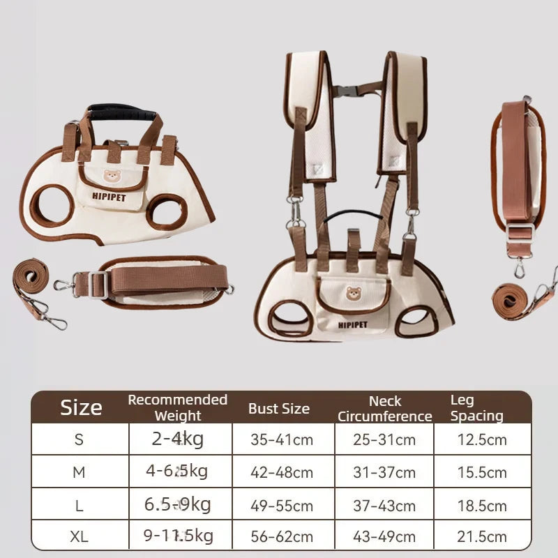A set of adjustable multi-way dog carrier bags in beige and brown leather for pet transport.