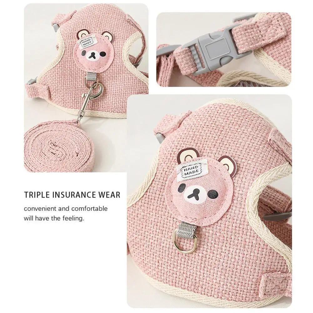 Pink triple insurance pet harness for a dog featuring a padded design and attached leash.