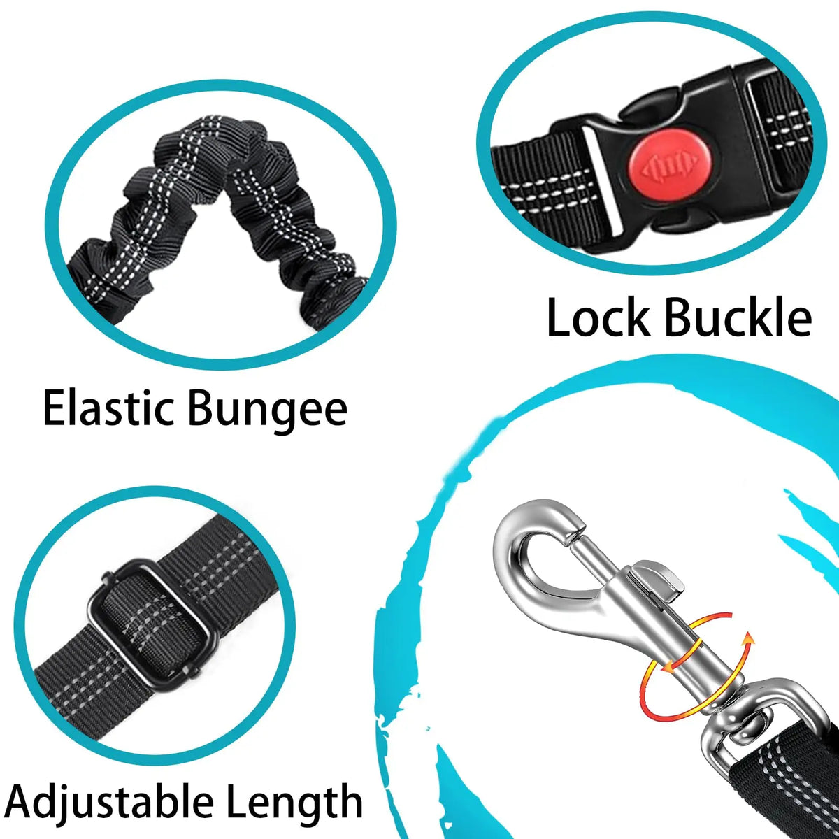 Diagram showing an elastic bungee, a lock buckle, and an adjustable length feature of a nylon dog seat belt.