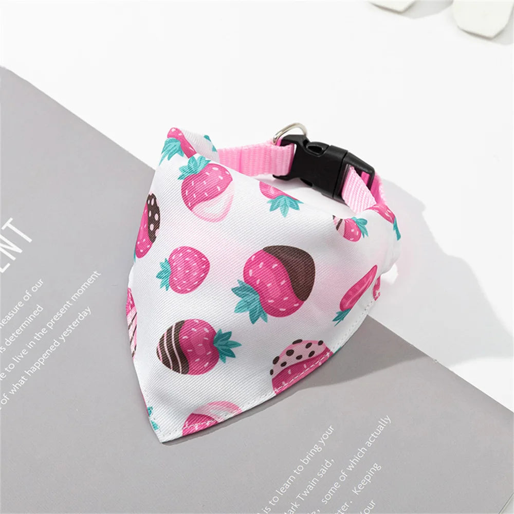 Pink and green strawberry patterned pet collar with matching bandana
