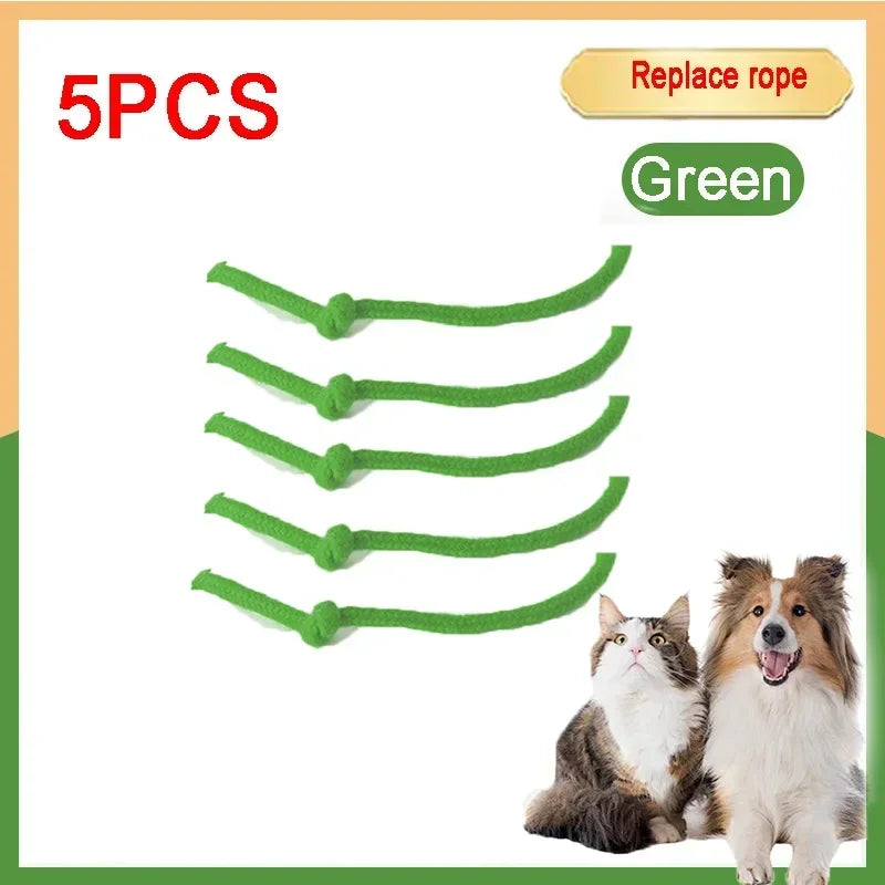 Five green replacement ropes for an interactive pet toy ball are shown next to a dog and a cat.