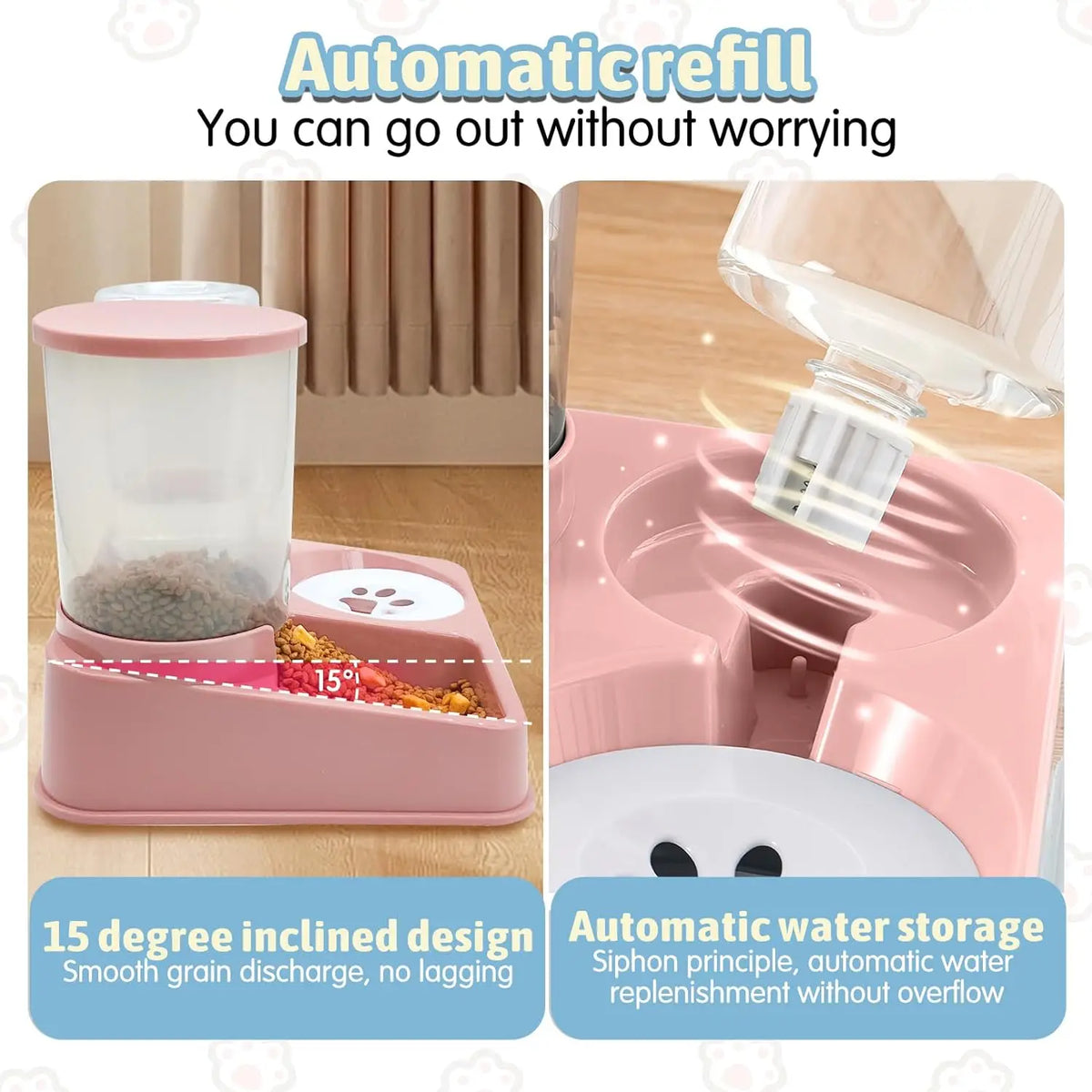Mangeur automatique et distributeur d'eau rose avec conception inclinée de 15 degrés