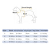 Diagram showing the measurements of a dog's neck, bust, dorsal length, and bag dimensions for various sizes.