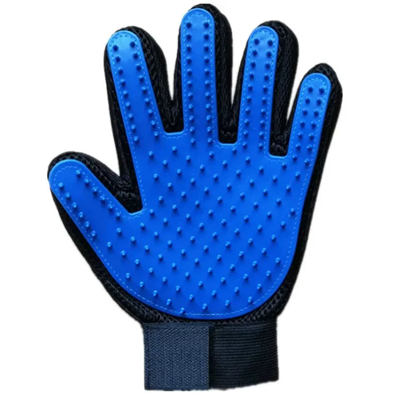 Blue silicone pet grooming glove with textured palms and black wrist cuff