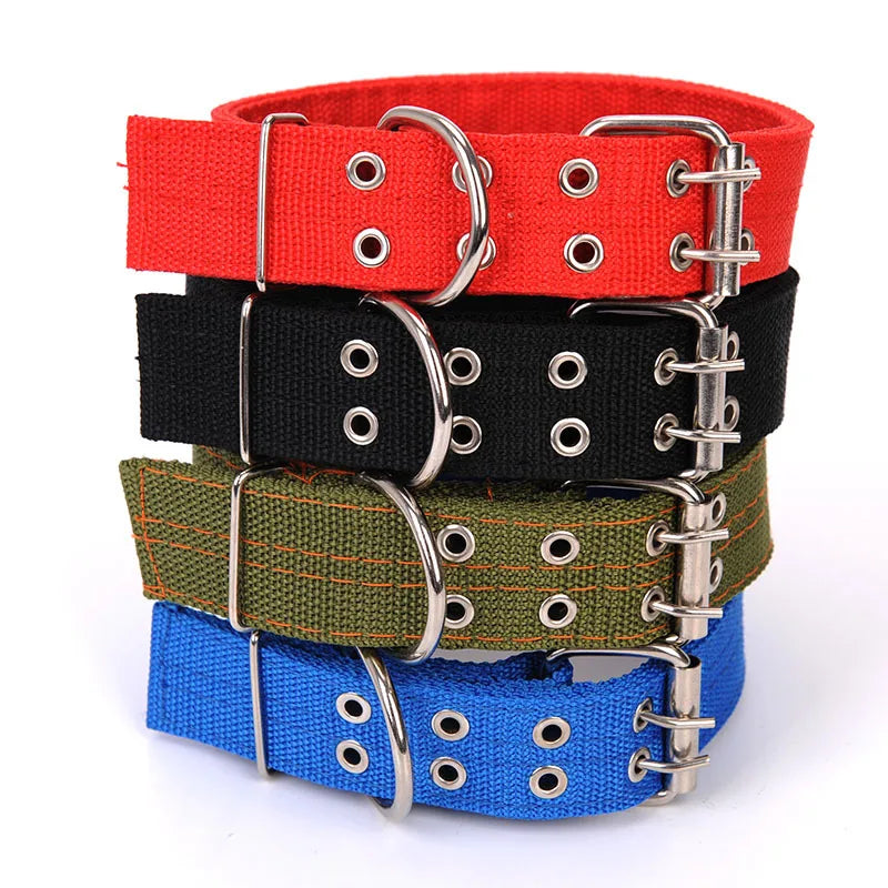 A stack of five heavy duty tactical dog collars in red, black, olive green, and blue.
